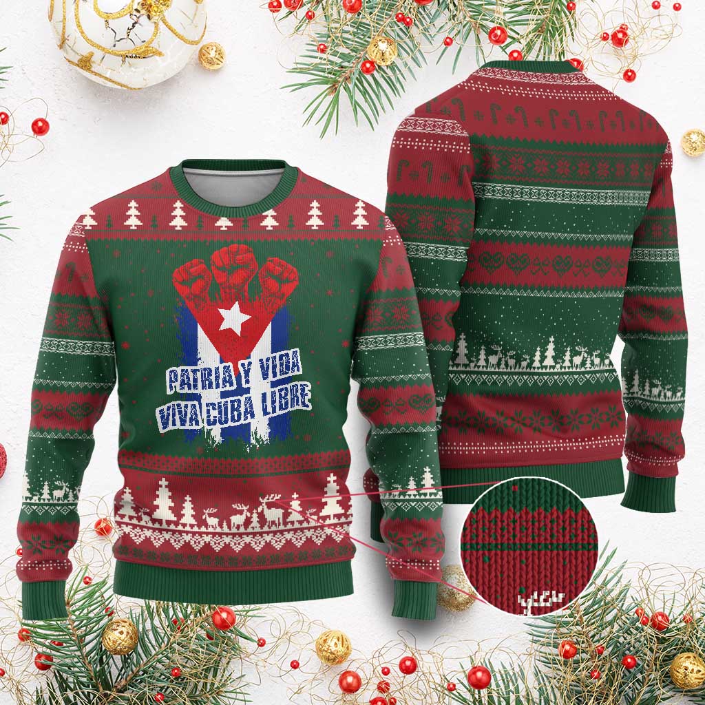 Patria y Vida Cuba Libre Ugly Christmas Sweater Cuba Flag Fist Freedom Movement