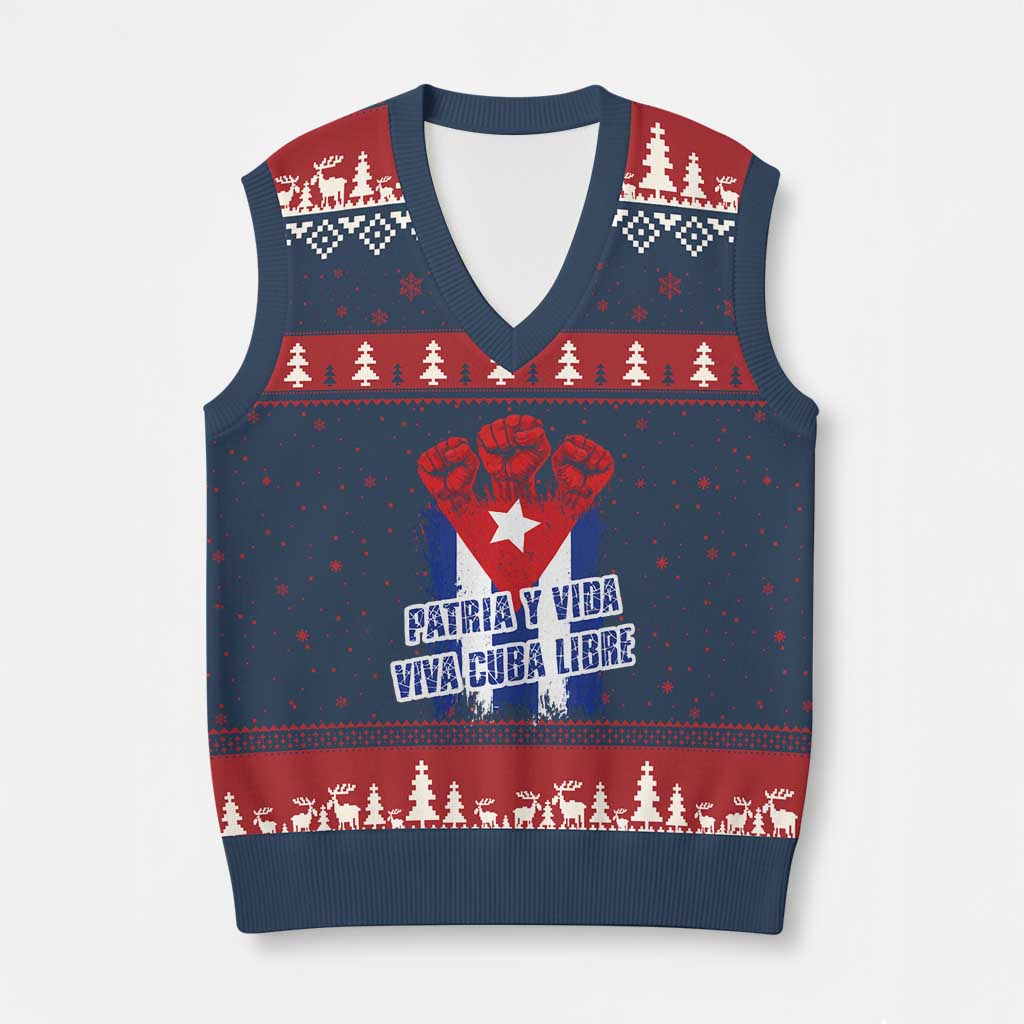 Patria y Vida Cuba Libre V-Neck Knit Sweater Vest Cuba Flag Fist Freedom Movement