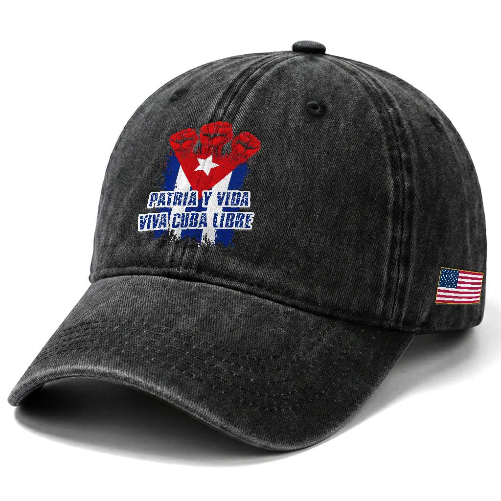 Patria y Vida Cuba Libre Washed Cotton Baseball Cap Cuba Flag Fist Freedom Movement