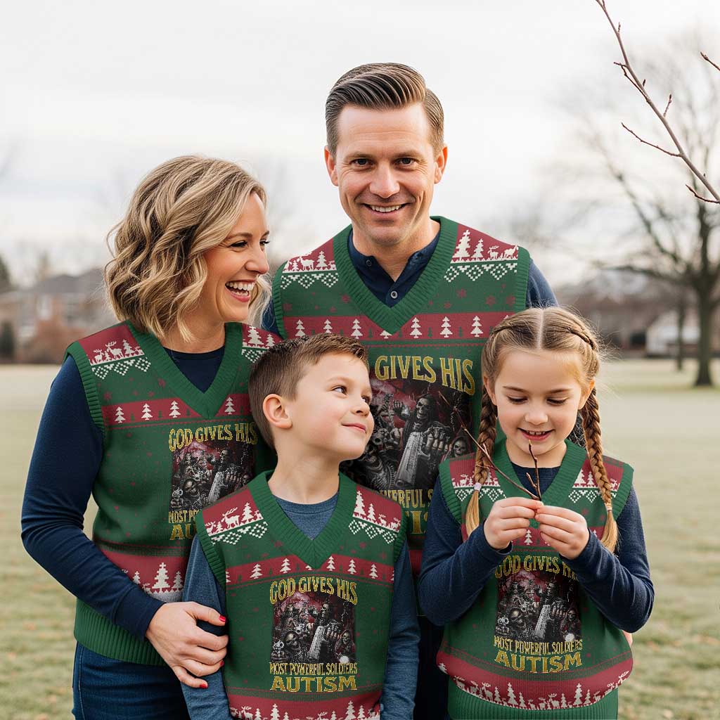 God Gives His Most Powerful Soldiers Autism V-Neck Knit Sweater Vest Funny Hard Skeleton Meme