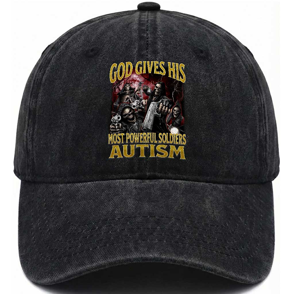 God Gives His Most Powerful Soldiers Autism Washed Cotton Baseball Cap Funny Hard Skeleton Meme
