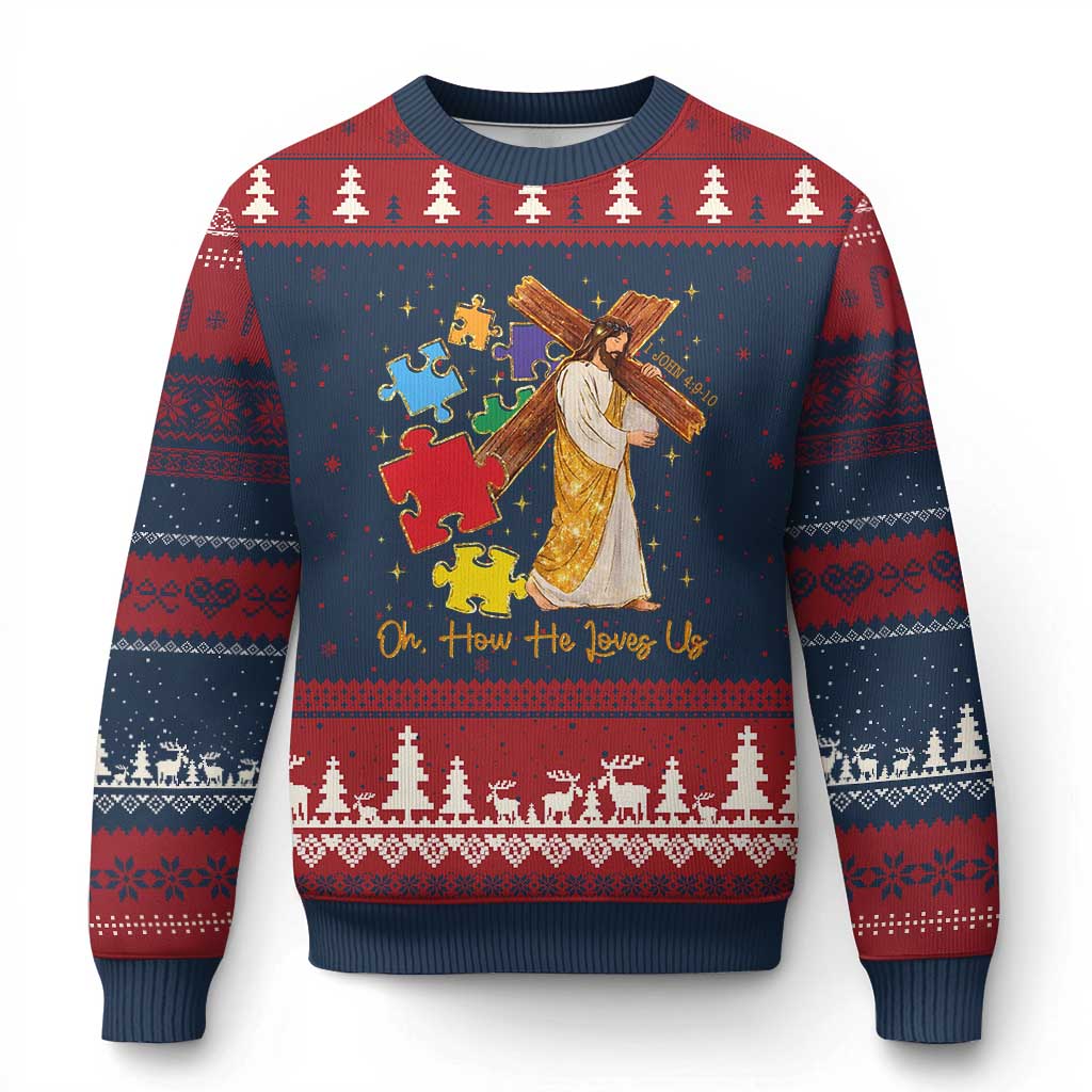 Autism Awareness Jesus Ugly Christmas Sweater Oh How He Loves Us Christian Bible Verse