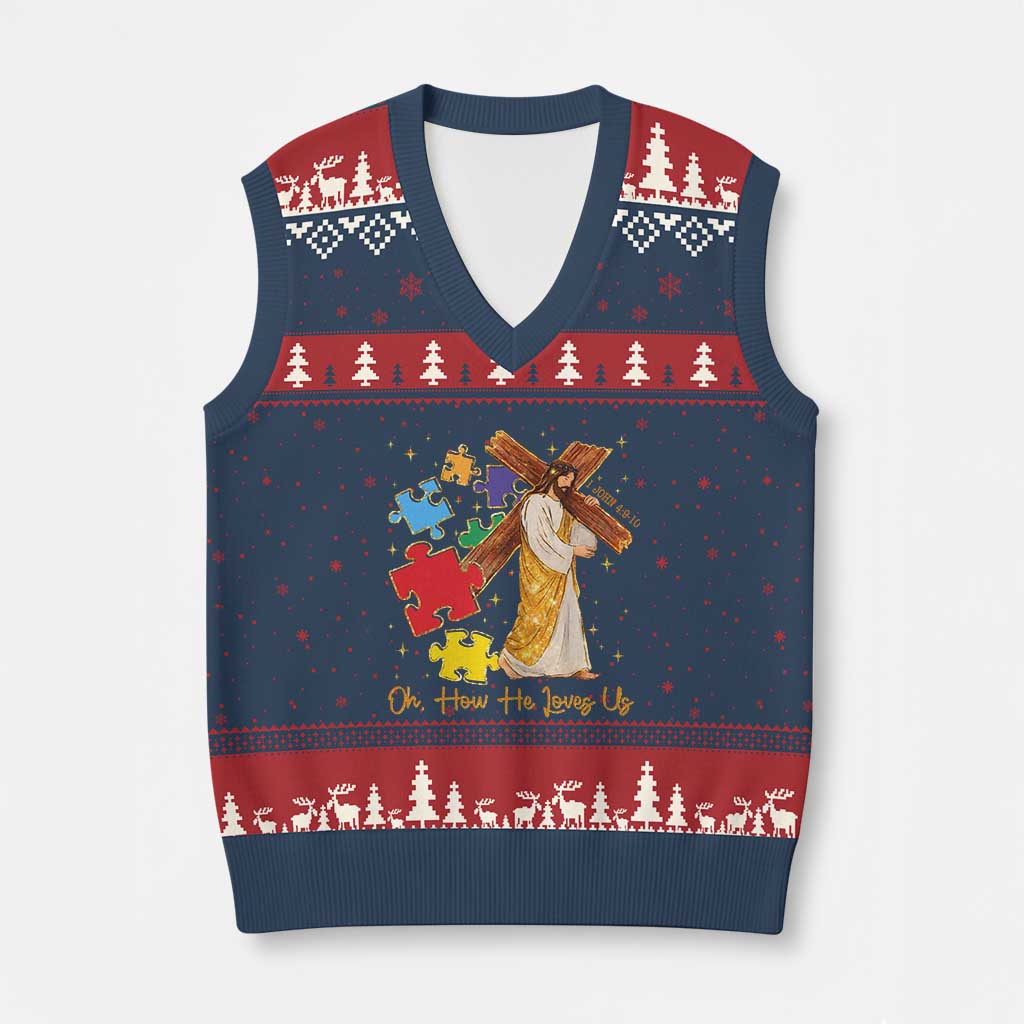 Autism Awareness Jesus V-Neck Knit Sweater Vest Oh How He Loves Us Christian Bible Verse