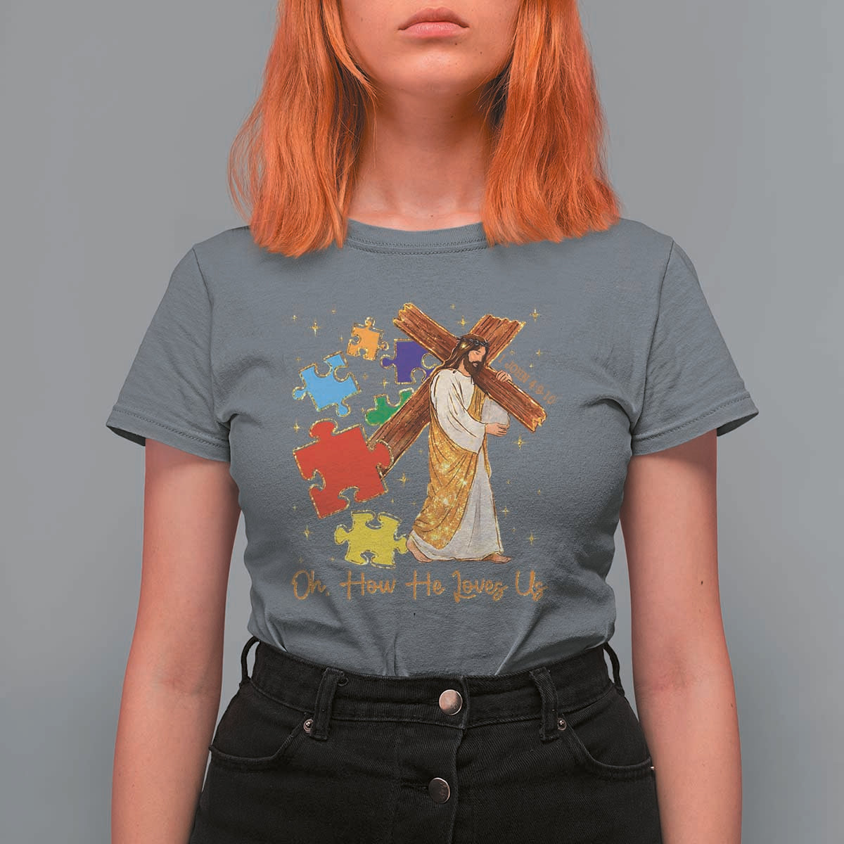 Autism Awareness Jesus T Shirt For Women Oh How He Loves Us Christian Bible Verse