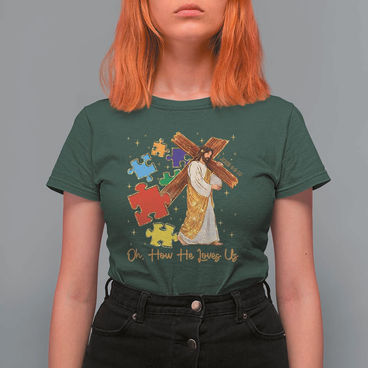 Autism Awareness Jesus T Shirt For Women Oh How He Loves Us Christian Bible Verse
