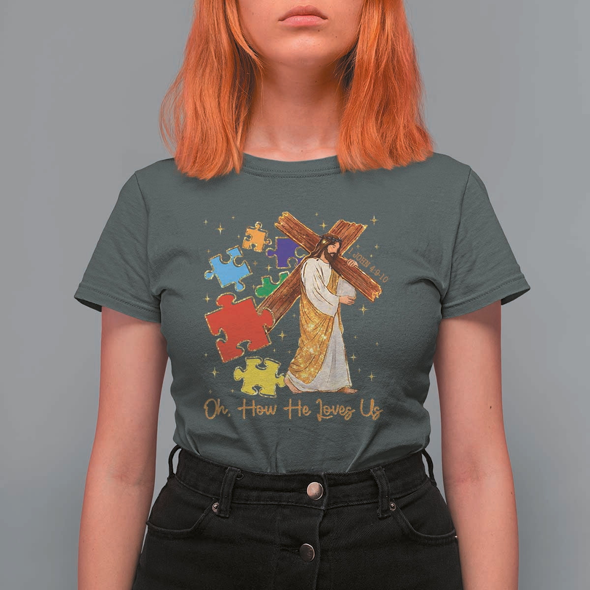 Autism Awareness Jesus T Shirt For Women Oh How He Loves Us Christian Bible Verse