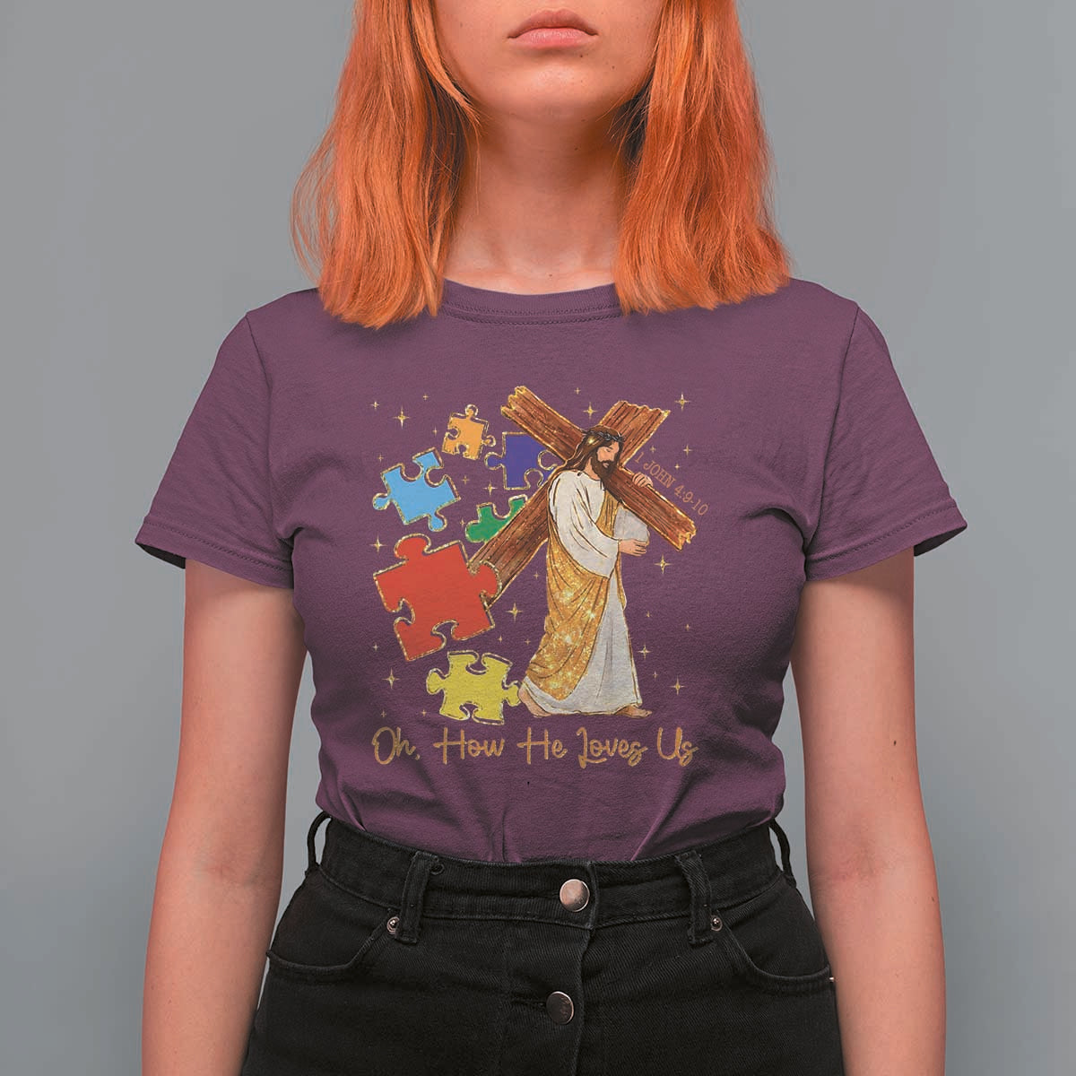 Autism Awareness Jesus T Shirt For Women Oh How He Loves Us Christian Bible Verse