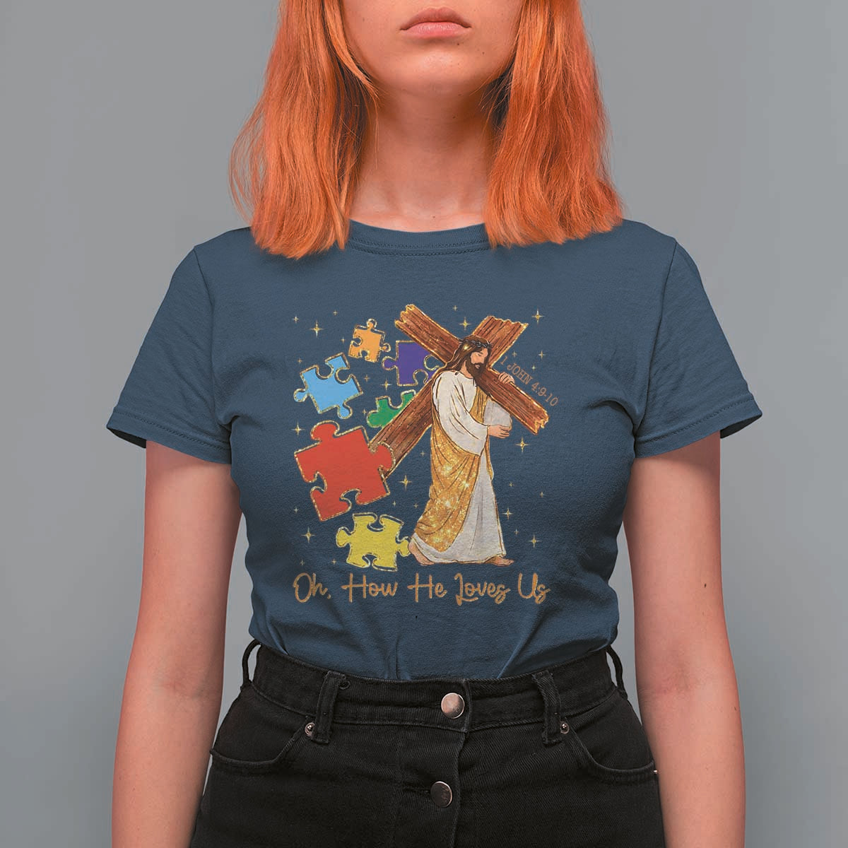 Autism Awareness Jesus T Shirt For Women Oh How He Loves Us Christian Bible Verse