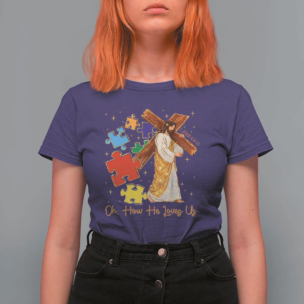 Autism Awareness Jesus T Shirt For Women Oh How He Loves Us Christian Bible Verse