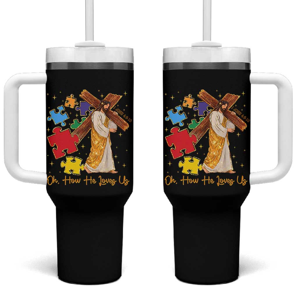 Autism Awareness Jesus Tumbler With Handle Oh How He Loves Us Christian Bible Verse