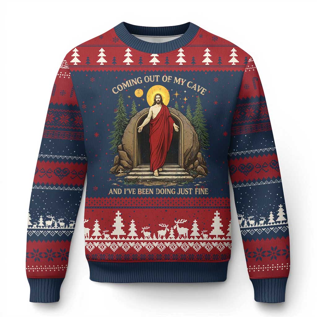 Jesus Coming Out Of My Cave And I Have Been Doing Just Fine Ugly Christmas Sweater Funny Christian Easter