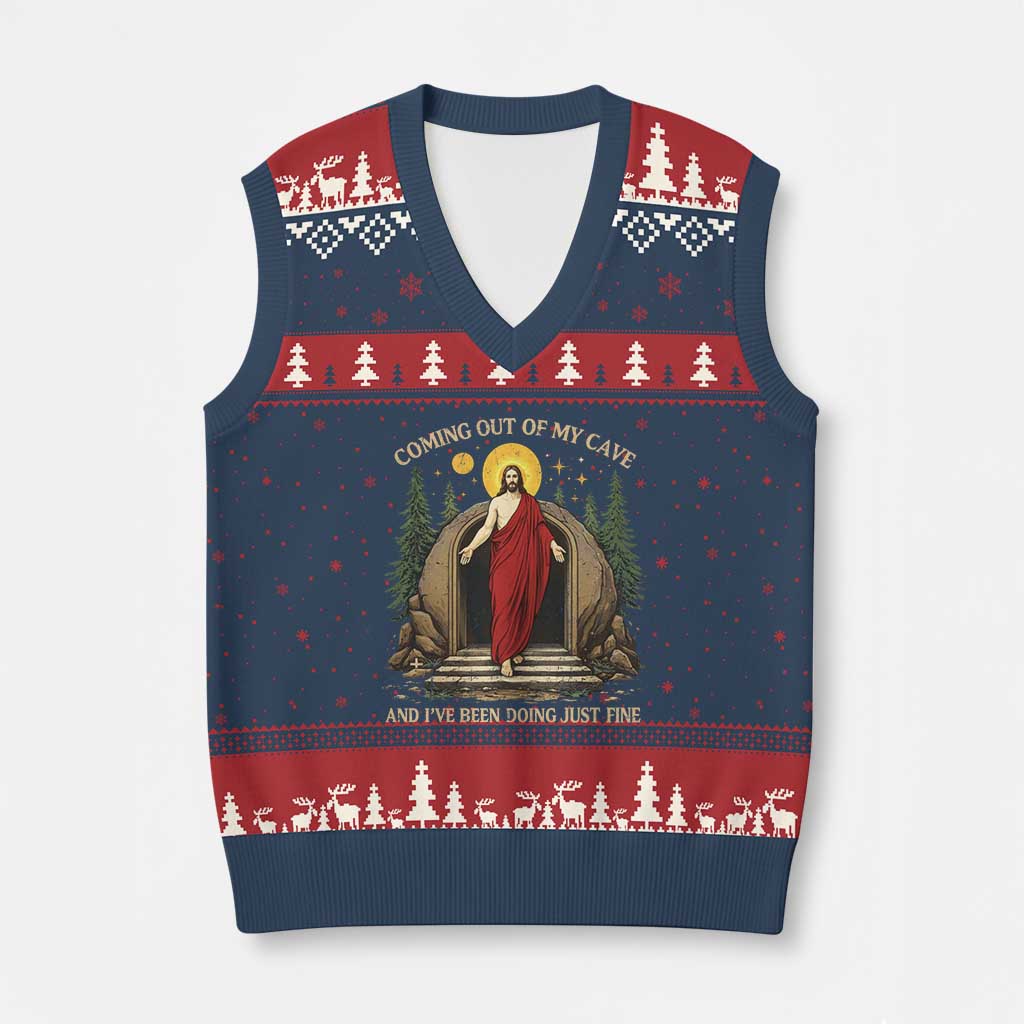 Jesus Coming Out Of My Cave And I Have Been Doing Just Fine V-Neck Knit Sweater Vest Funny Christian Easter