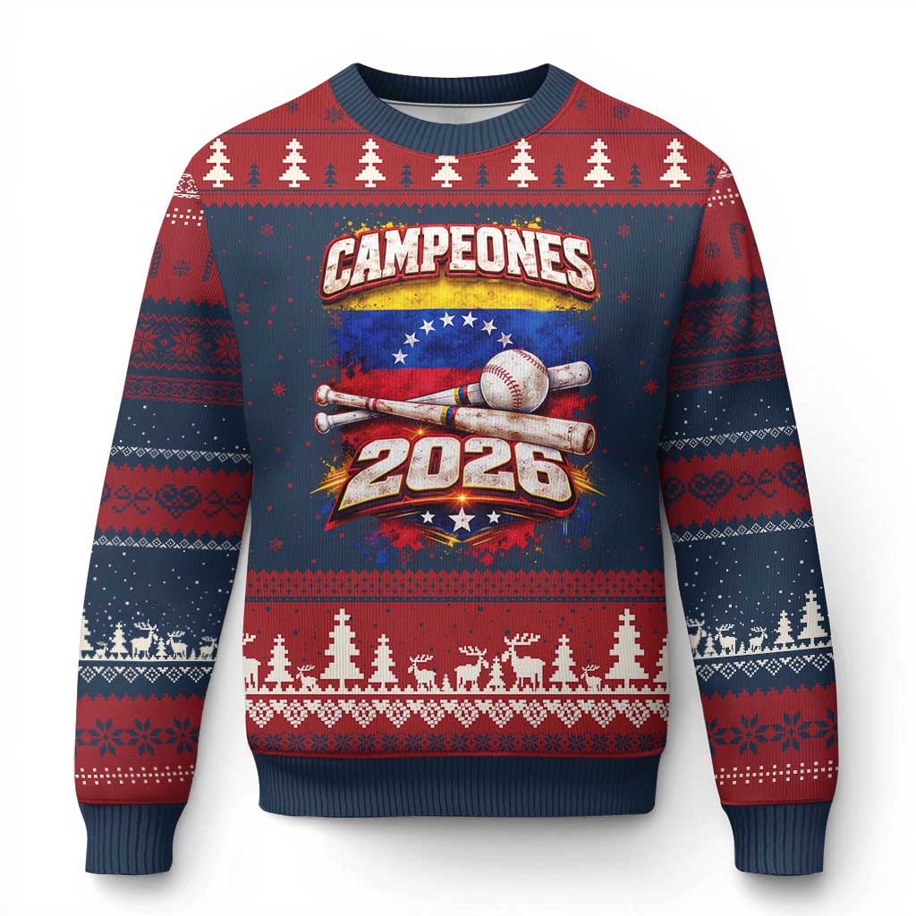 Venezuela Campeones 2026 Baseball Championship Ugly Christmas Sweater Vintage Venezuelan Flag