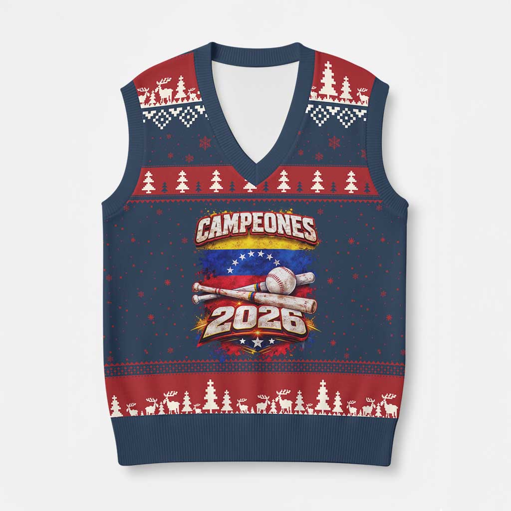 Venezuela Campeones 2026 Baseball Championship V-Neck Knit Sweater Vest Vintage Venezuelan Flag
