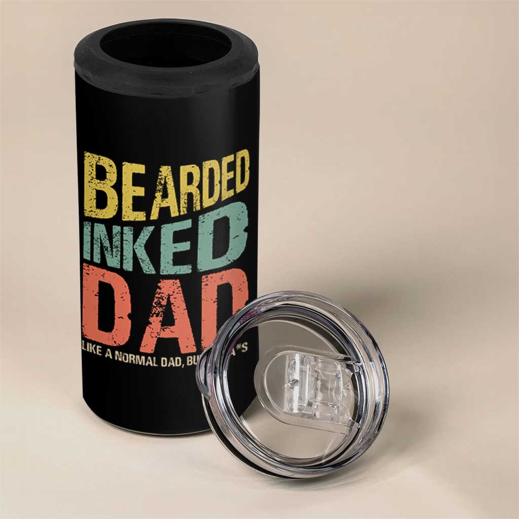 Funny Bearded Inked Dad Like A Normal Dad But Badass 4 in 1 Can Cooler Tumbler Father's Day