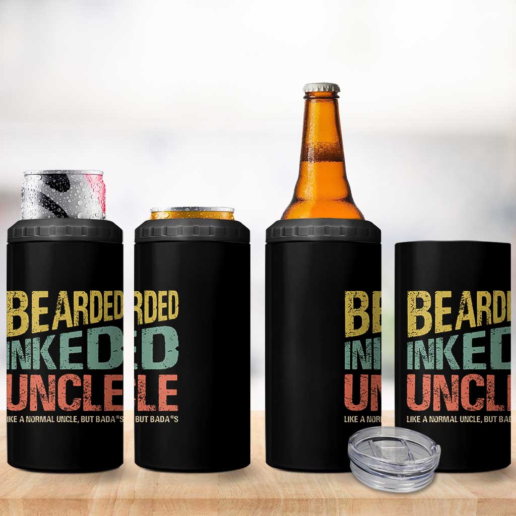 Funny Bearded Inked Uncle Like A Normal Uncle But Badass 4 in 1 Can Cooler Tumbler Father's Day