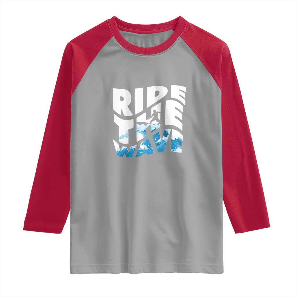 Surfing Raglan Shirt Ride The Wave Surfer Boardsport Wave - Wonder Print Shop