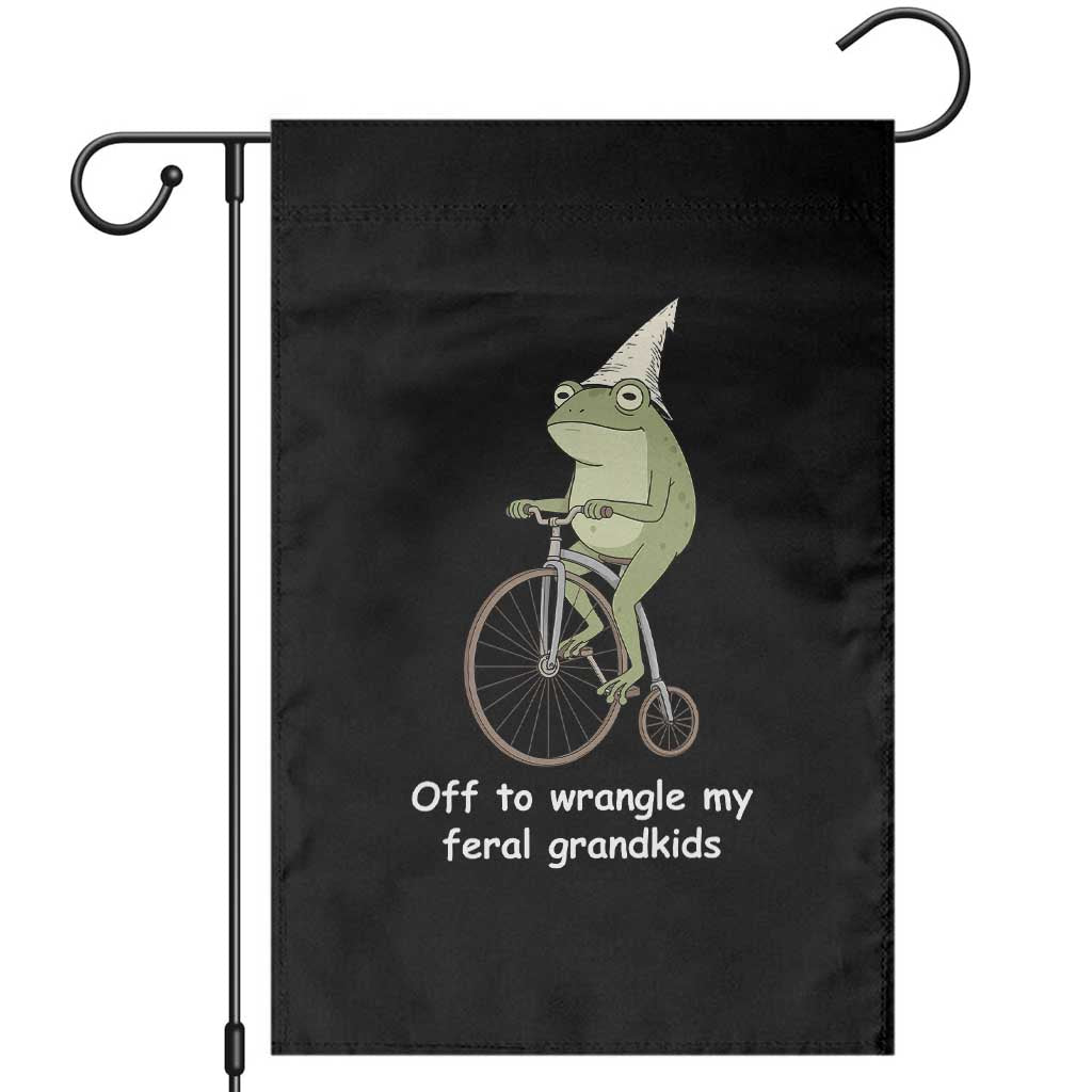 Off To Wrangle My Feral Grandkids Funny Grandparents Frog Garden Flag