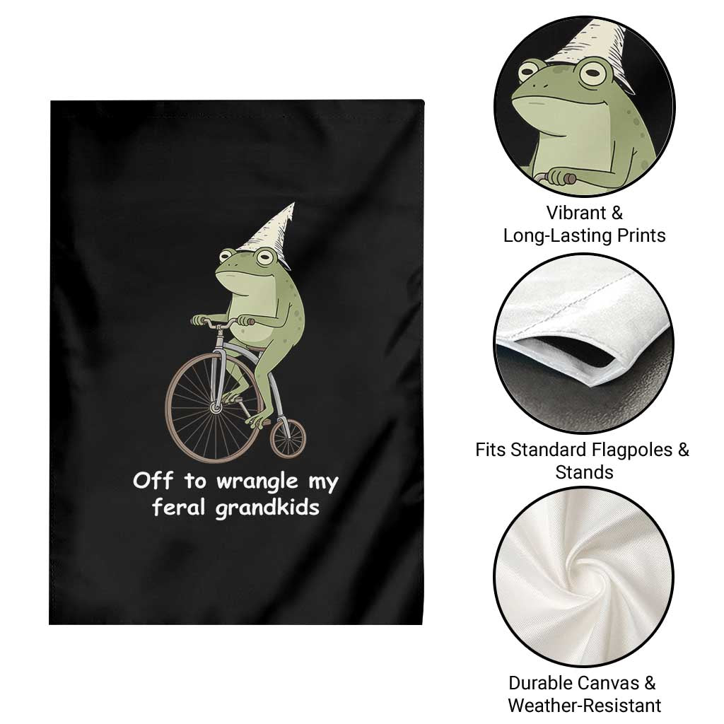 Off To Wrangle My Feral Grandkids Funny Grandparents Frog Garden Flag