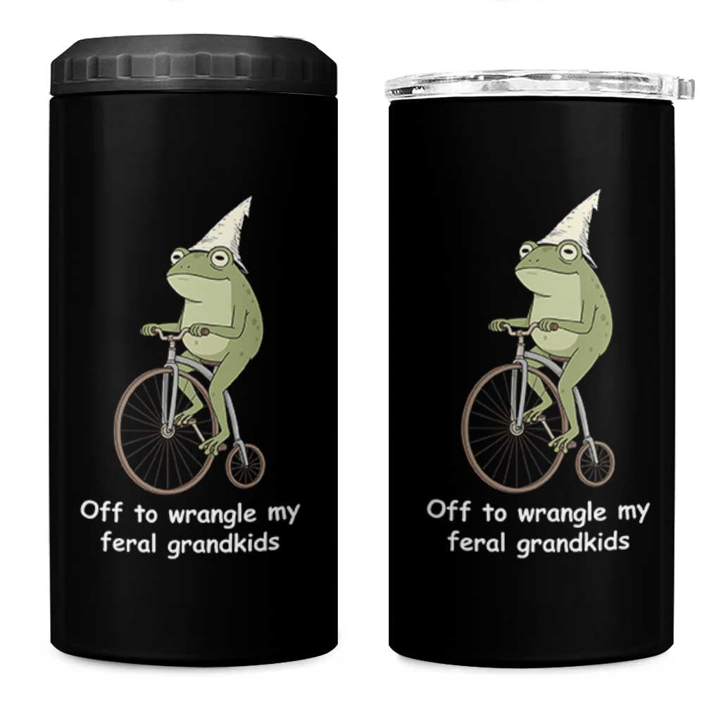 Off To Wrangle My Feral Grandkids Funny Grandparents Frog 4 in 1 Can Cooler Tumbler