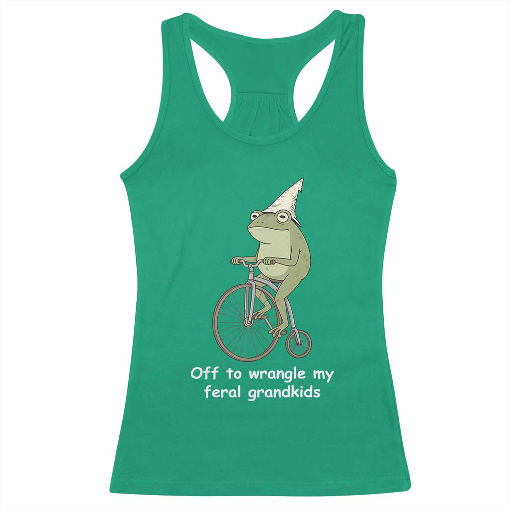 Off To Wrangle My Feral Grandkids Funny Grandparents Frog Racerback Tank Top