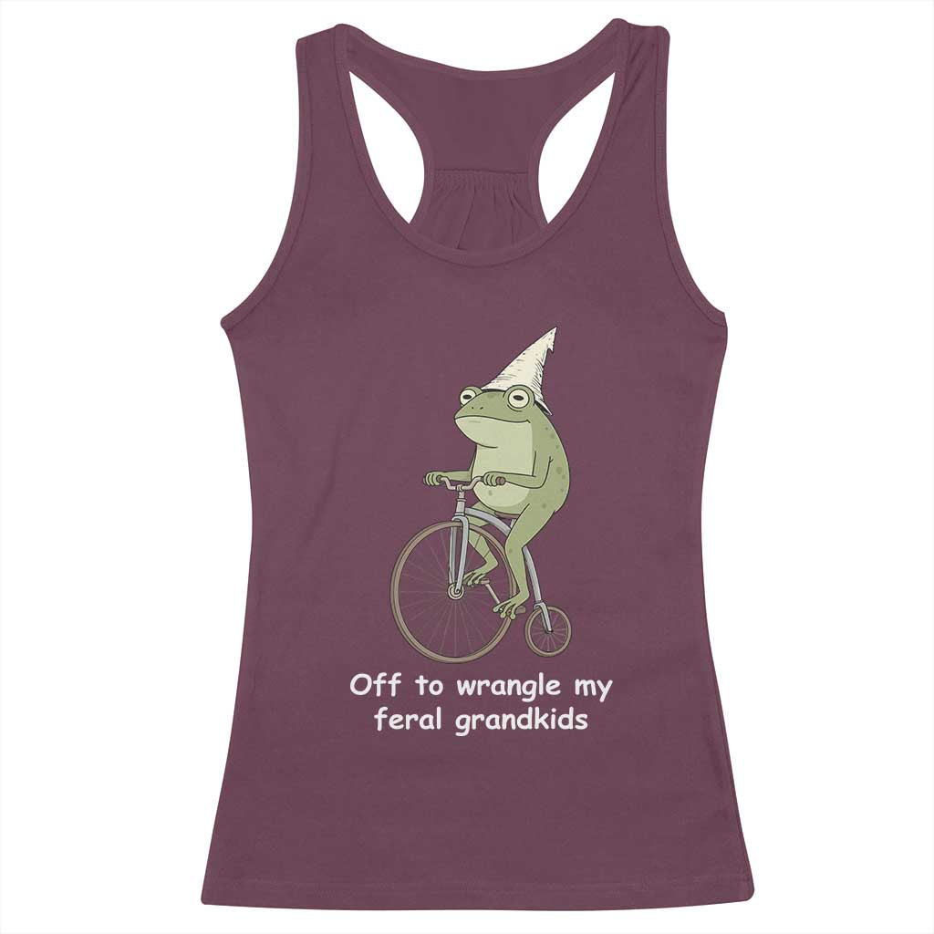 Off To Wrangle My Feral Grandkids Funny Grandparents Frog Racerback Tank Top