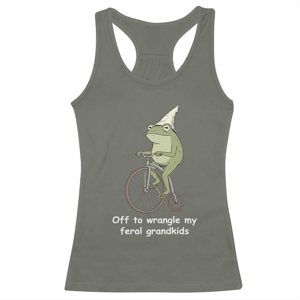 Off To Wrangle My Feral Grandkids Funny Grandparents Frog Racerback Tank Top