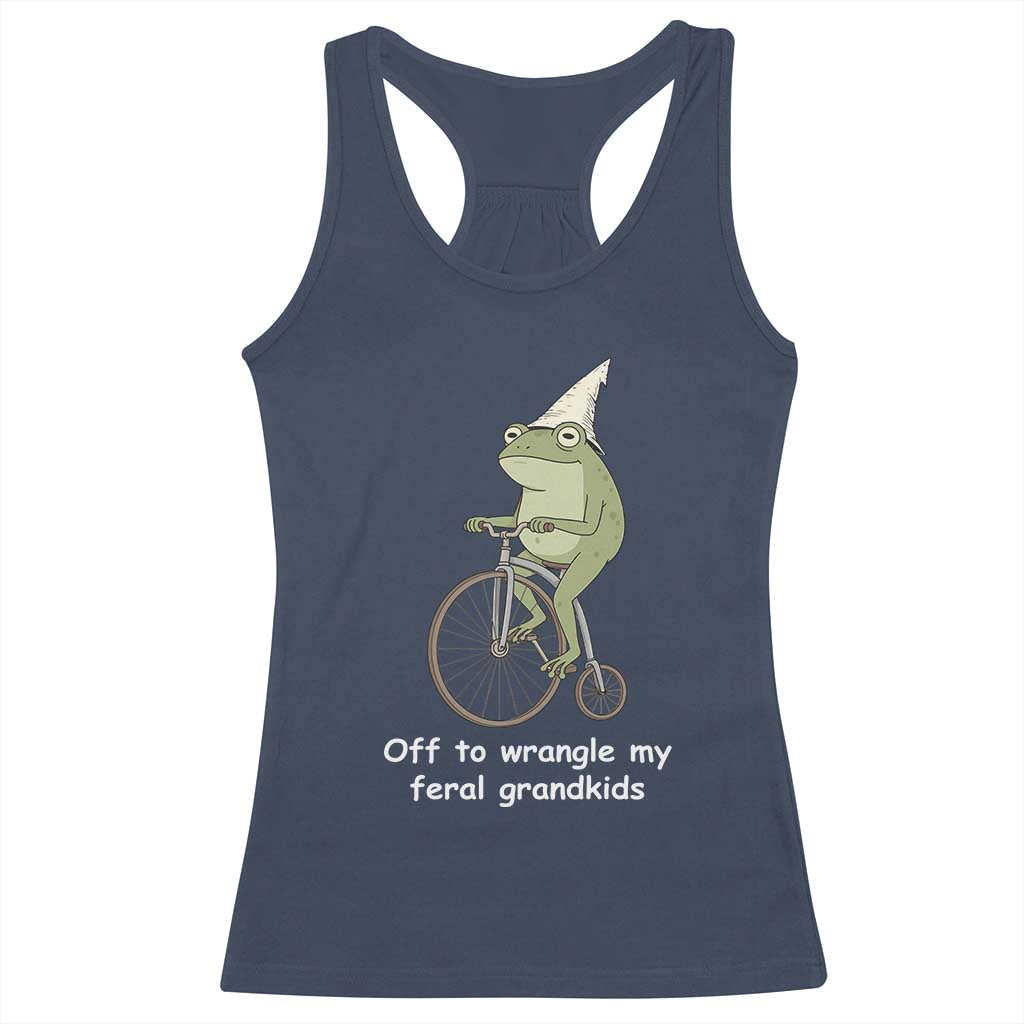 Off To Wrangle My Feral Grandkids Funny Grandparents Frog Racerback Tank Top