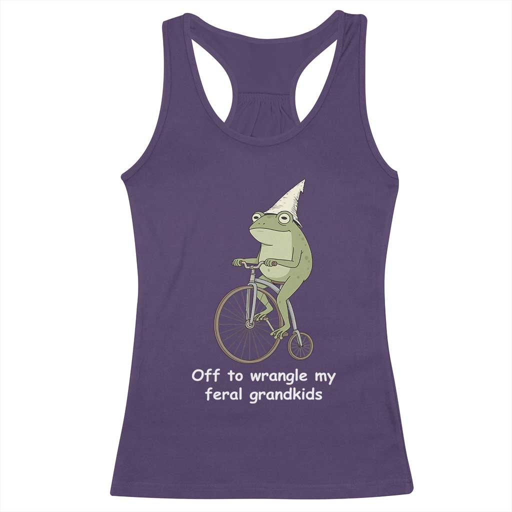 Off To Wrangle My Feral Grandkids Funny Grandparents Frog Racerback Tank Top