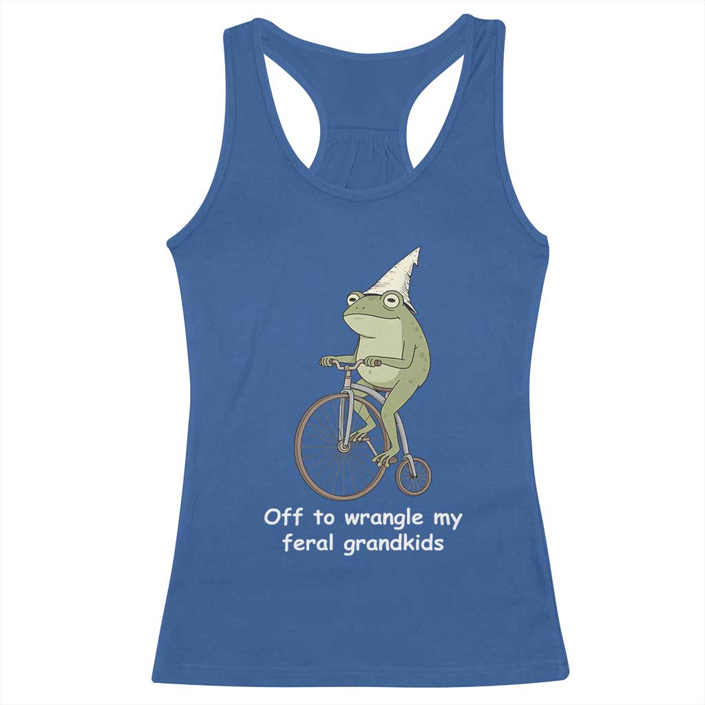 Off To Wrangle My Feral Grandkids Funny Grandparents Frog Racerback Tank Top