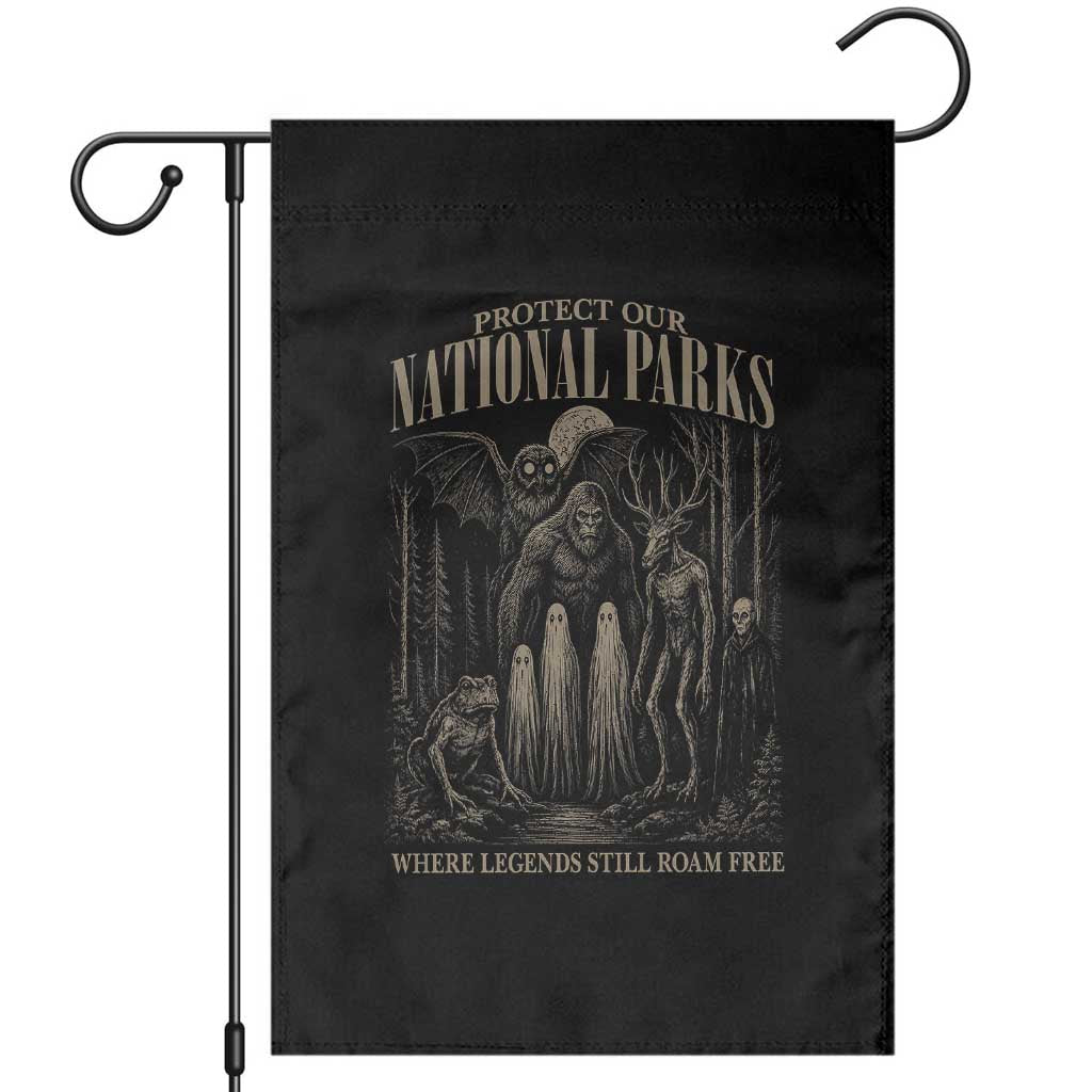 Protect Our National Parks Funny Cryptid Weirdcore Garden Flag Where Legends Still Roam Free Bigfoot Monthman