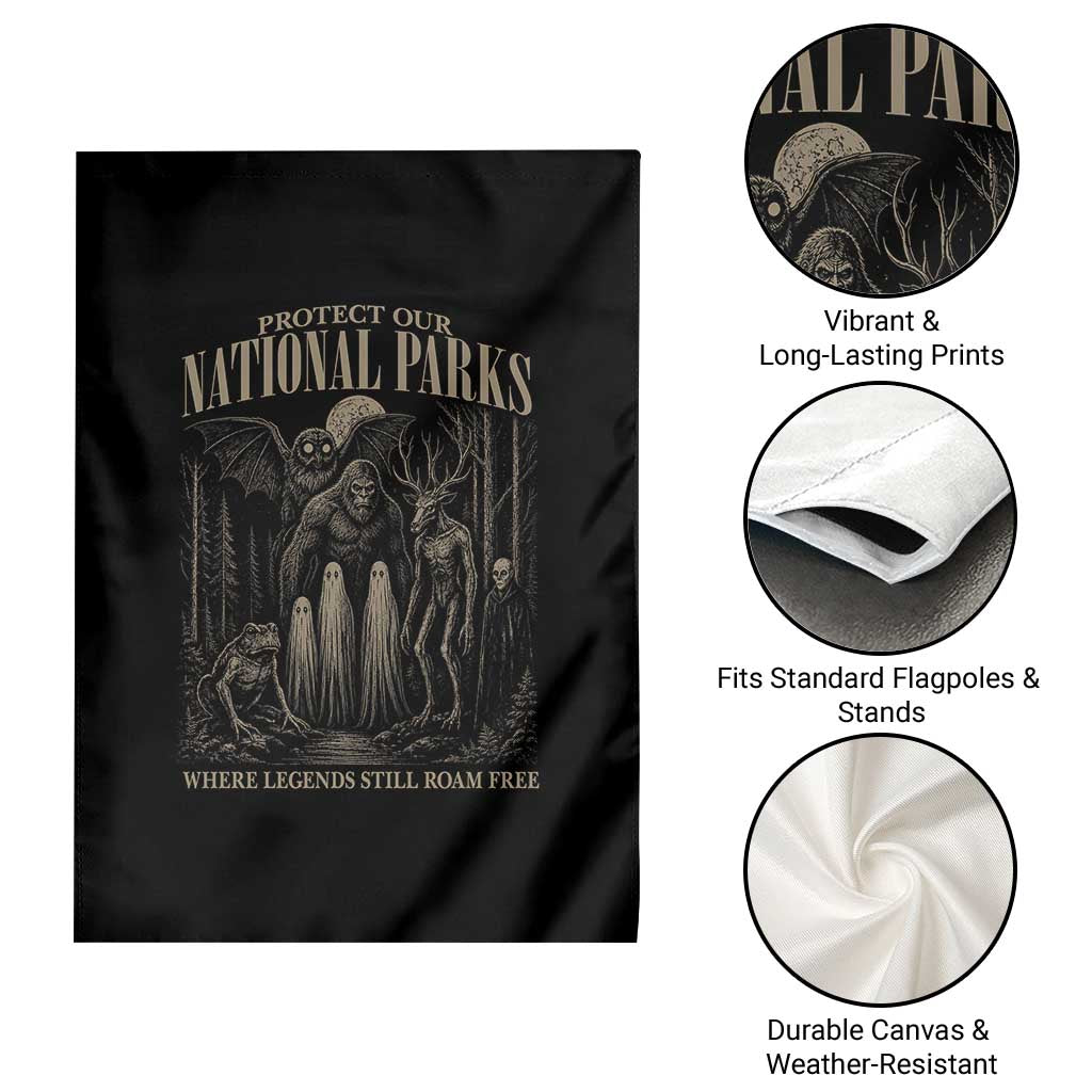 Protect Our National Parks Funny Cryptid Weirdcore Garden Flag Where Legends Still Roam Free Bigfoot Monthman
