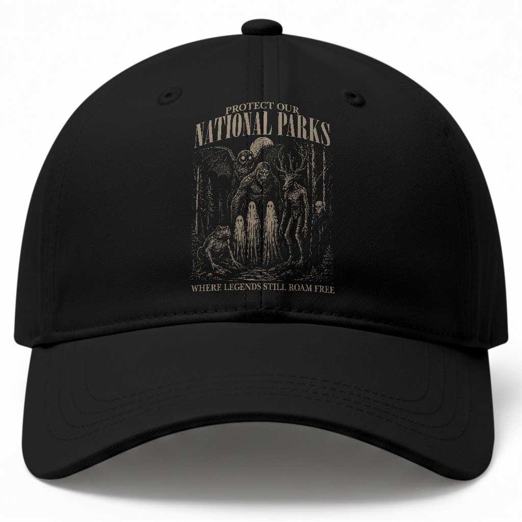 Protect Our National Parks Funny Cryptid Weirdcore Baseball Cap Where Legends Still Roam Free Bigfoot Monthman