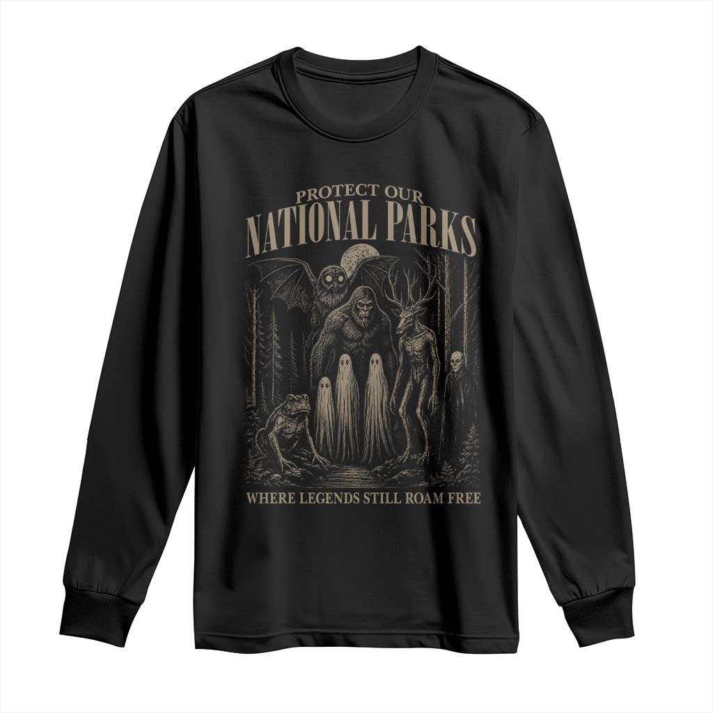 Protect Our National Parks Funny Cryptid Weirdcore Long Sleeve Shirt Where Legends Still Roam Free Bigfoot Monthman
