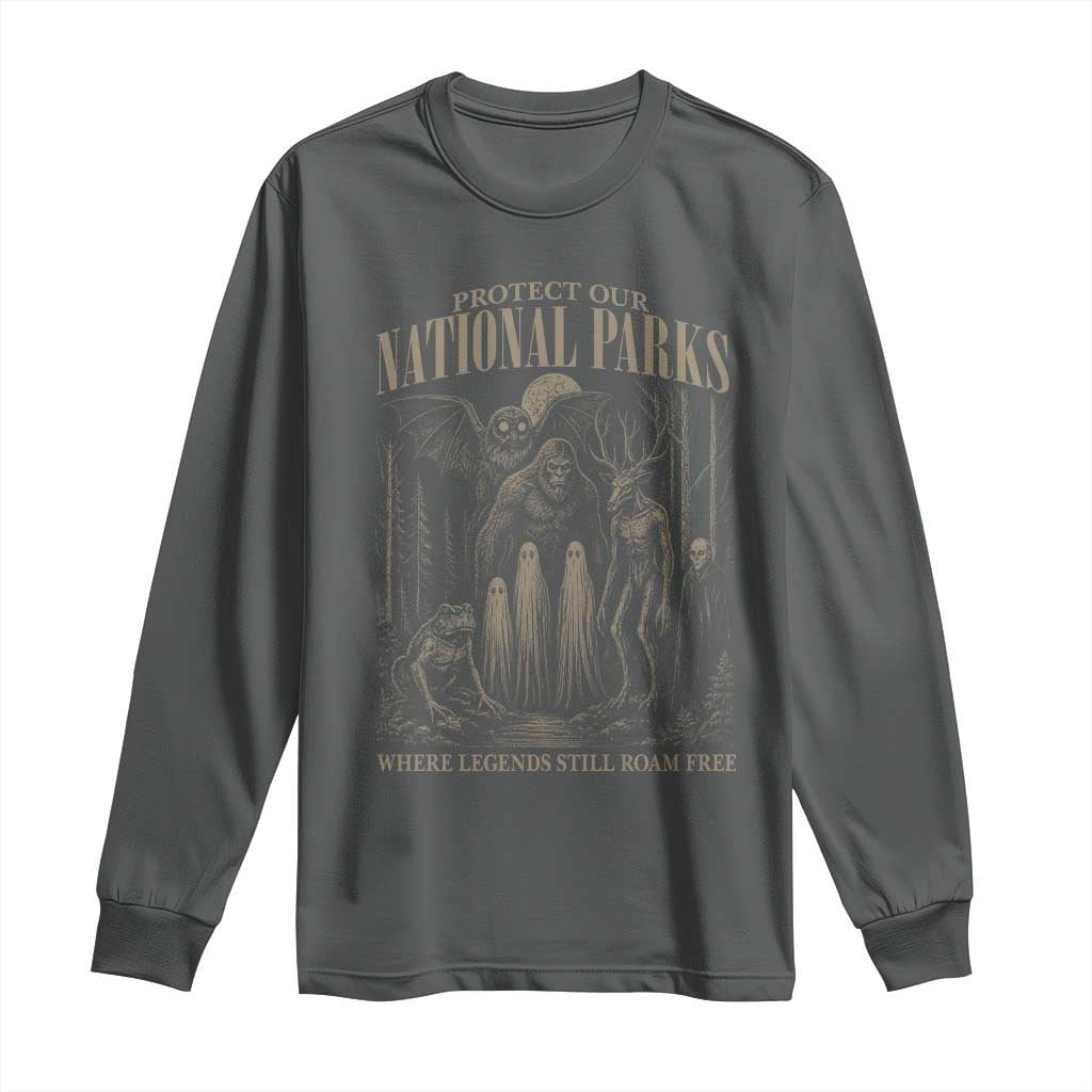 Protect Our National Parks Funny Cryptid Weirdcore Long Sleeve Shirt Where Legends Still Roam Free Bigfoot Monthman