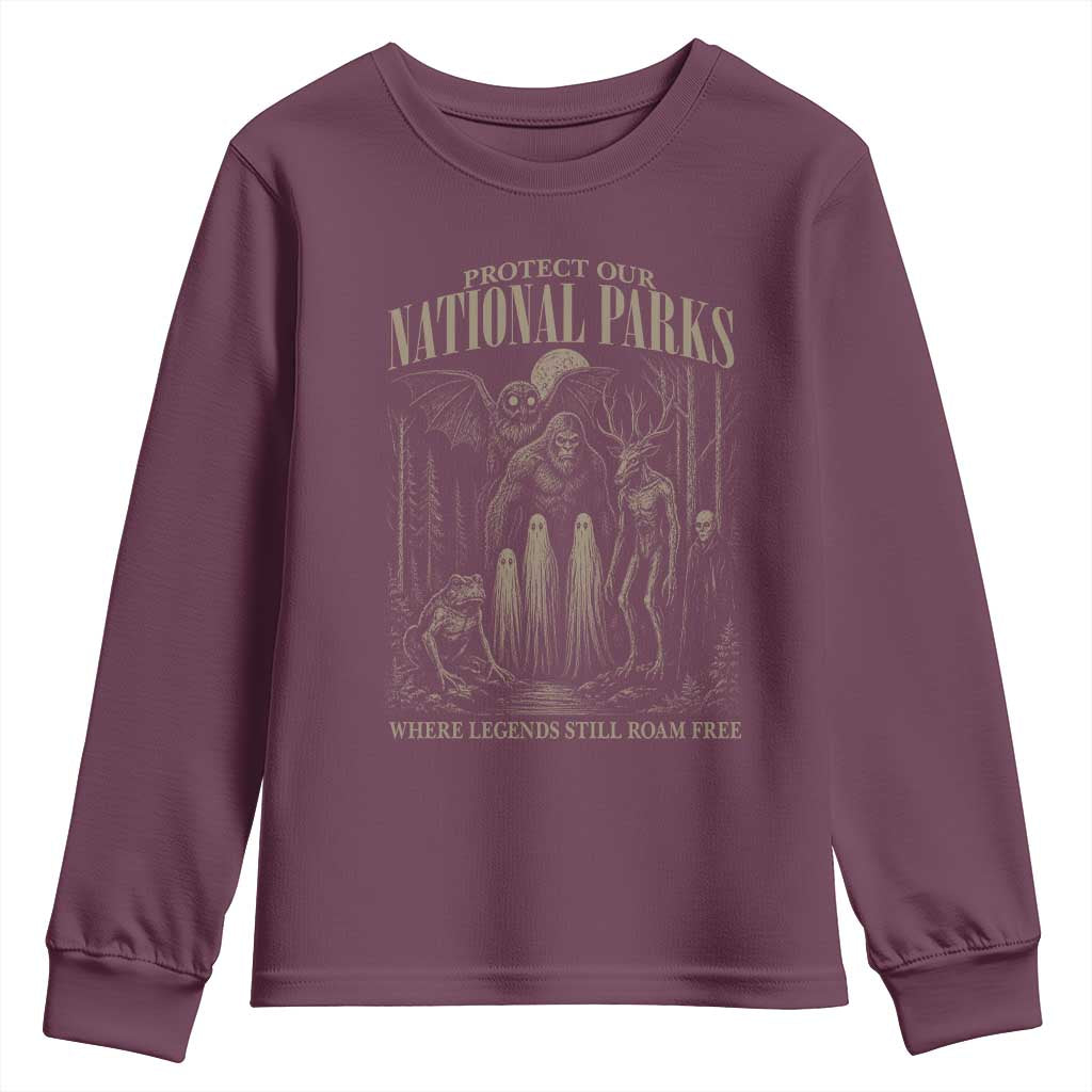 Protect Our National Parks Funny Cryptid Weirdcore Youth Sweatshirt Where Legends Still Roam Free Bigfoot Monthman