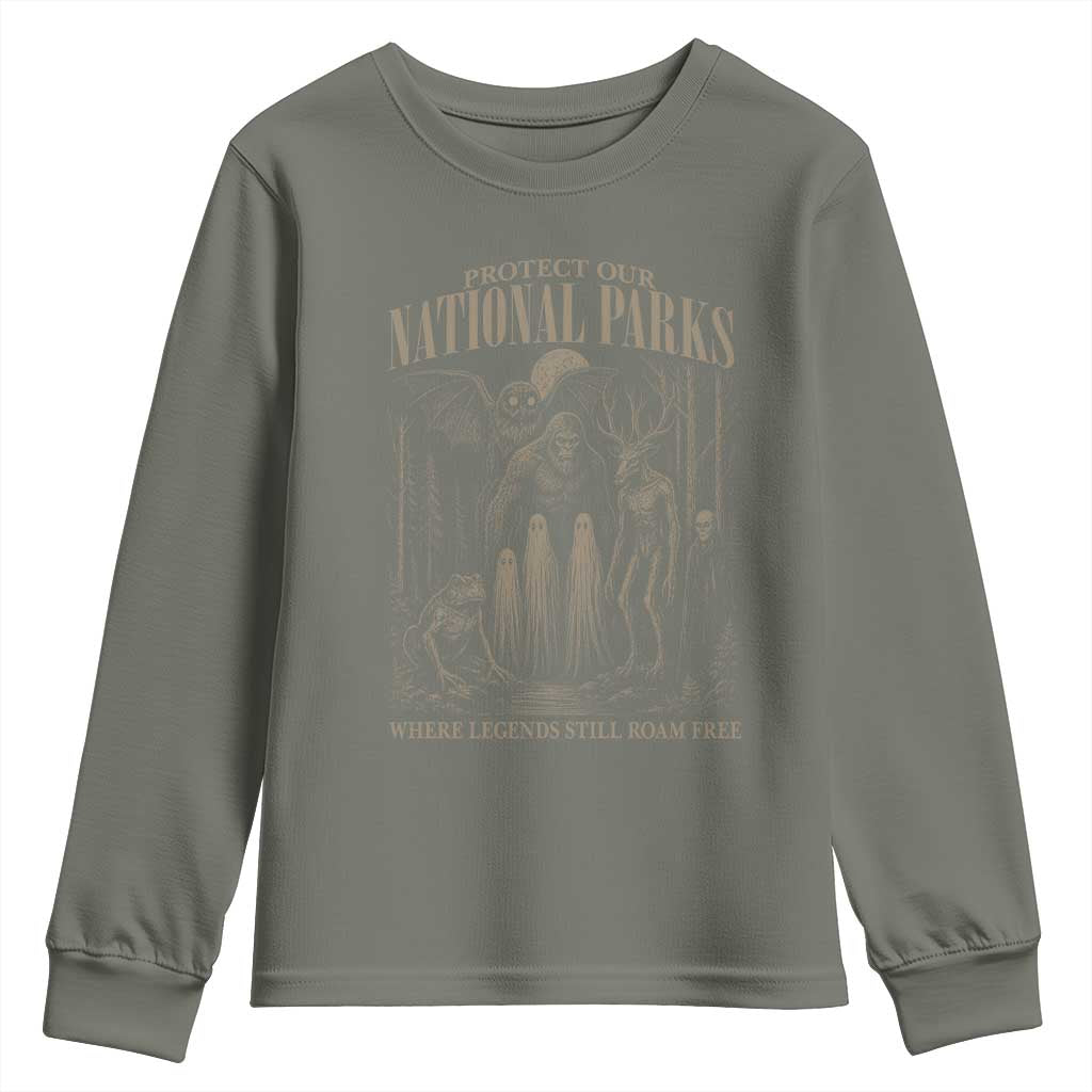 Protect Our National Parks Funny Cryptid Weirdcore Youth Sweatshirt Where Legends Still Roam Free Bigfoot Monthman