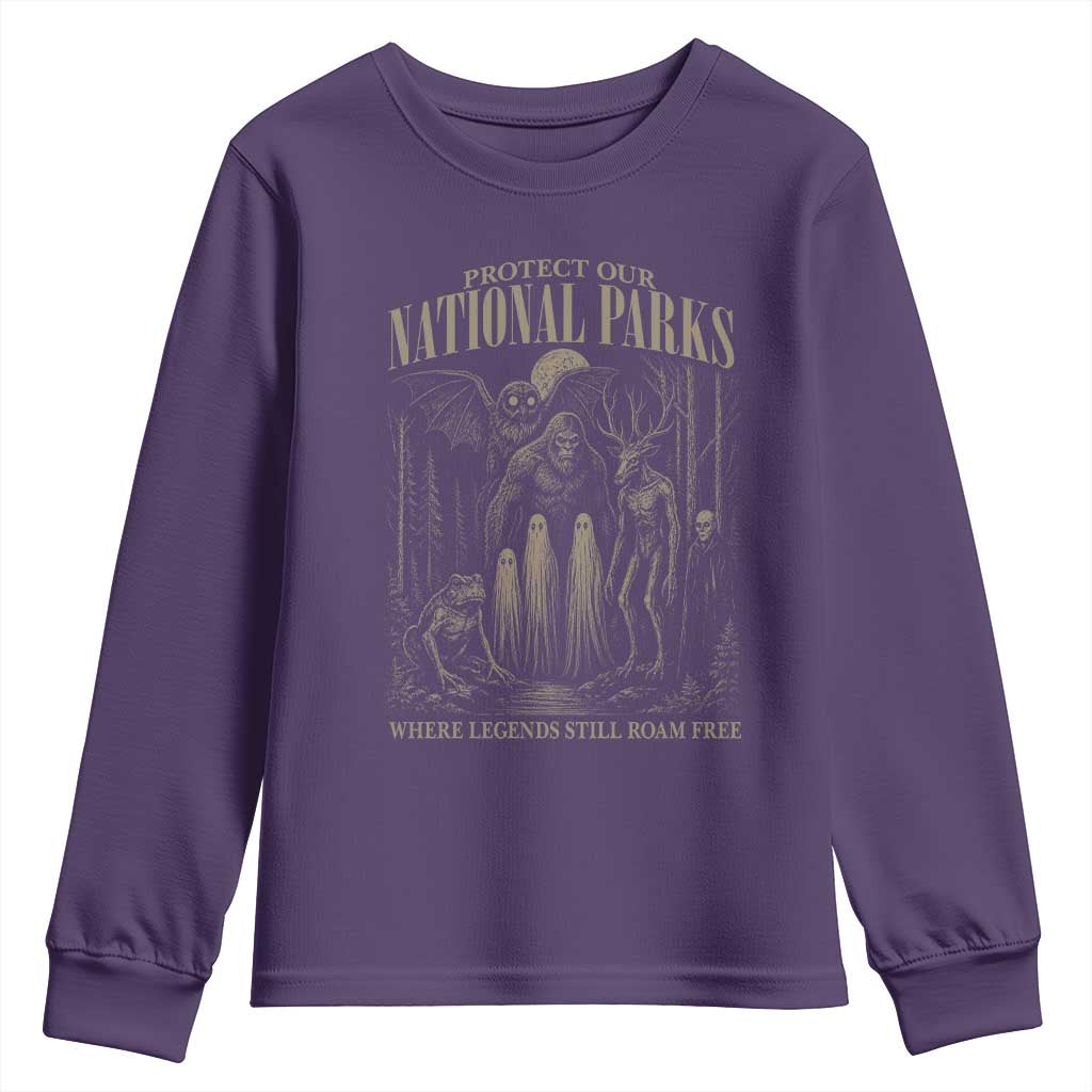 Protect Our National Parks Funny Cryptid Weirdcore Youth Sweatshirt Where Legends Still Roam Free Bigfoot Monthman