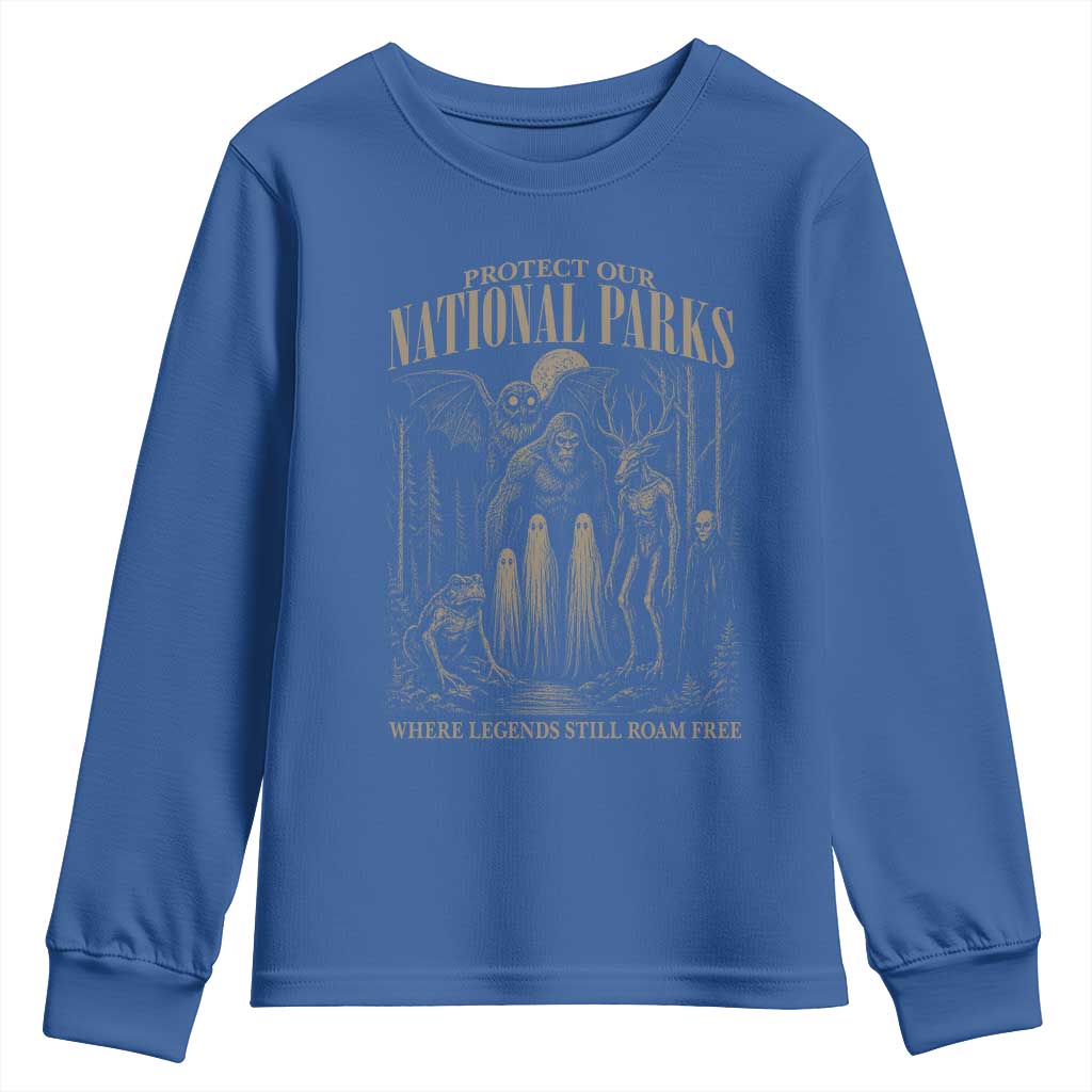 Protect Our National Parks Funny Cryptid Weirdcore Youth Sweatshirt Where Legends Still Roam Free Bigfoot Monthman