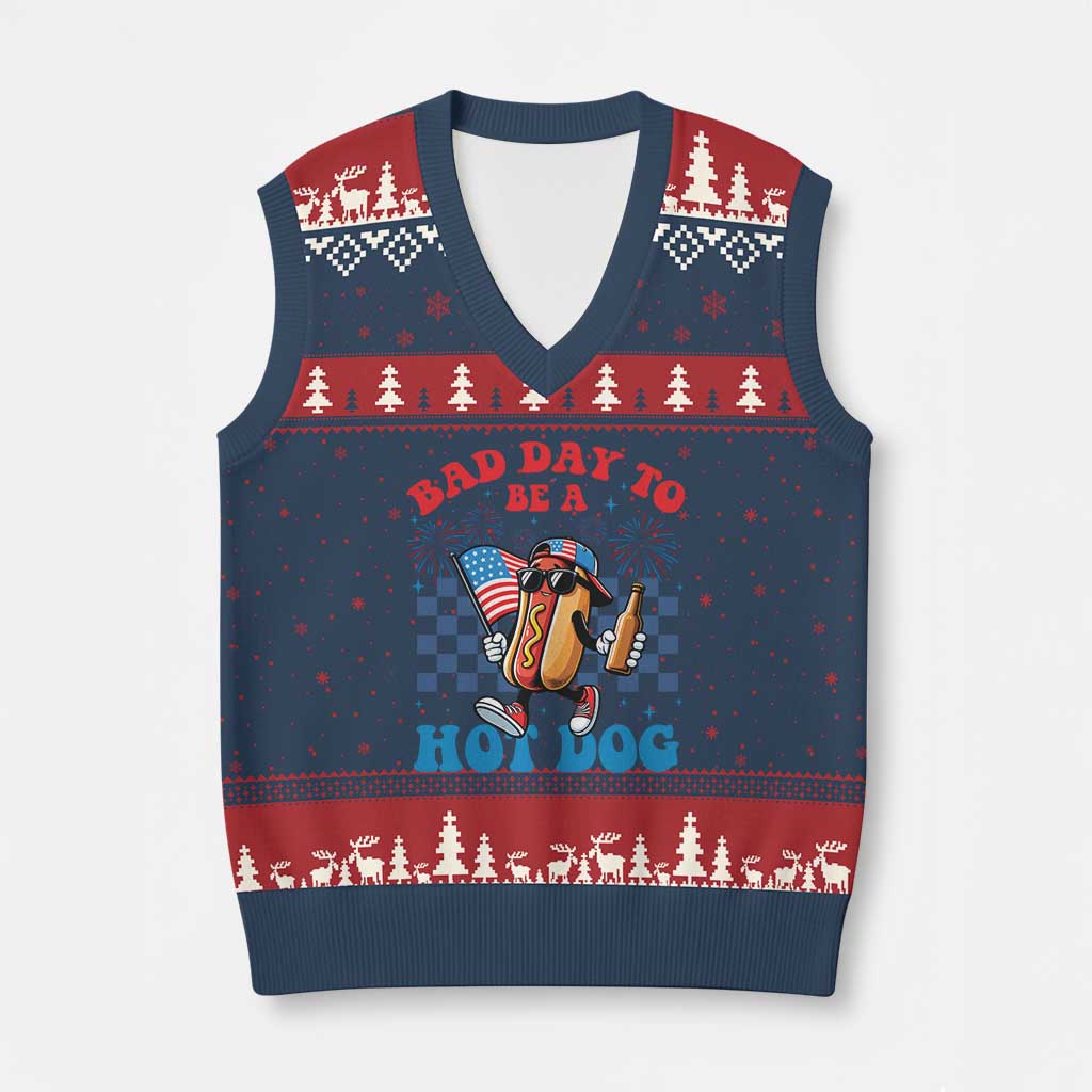 Bad Day To Be A Hot Dog 4th of July V-Neck Knit Sweater Vest Funny BBQ Grilling