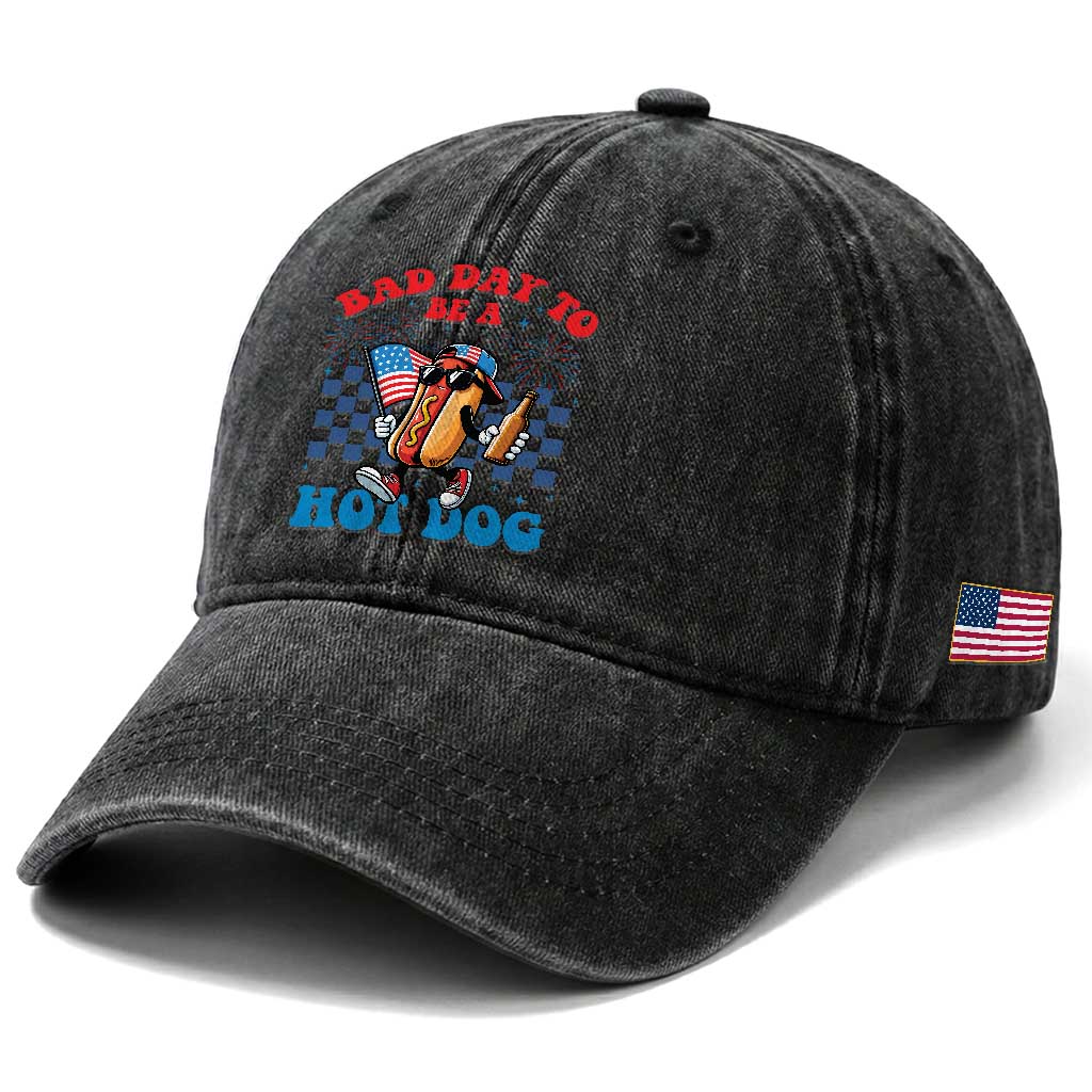 Bad Day To Be A Hot Dog 4th of July Washed Cotton Baseball Cap Funny BBQ Grilling