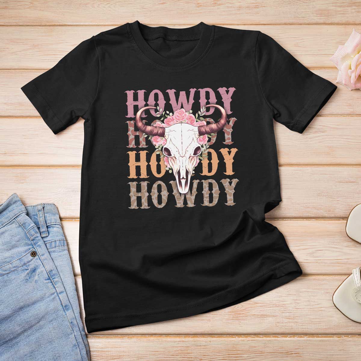 Country Cowgirl T Shirt For Women Howdy Rodeo Cowboy Flower Skull - Wonder Print Shop