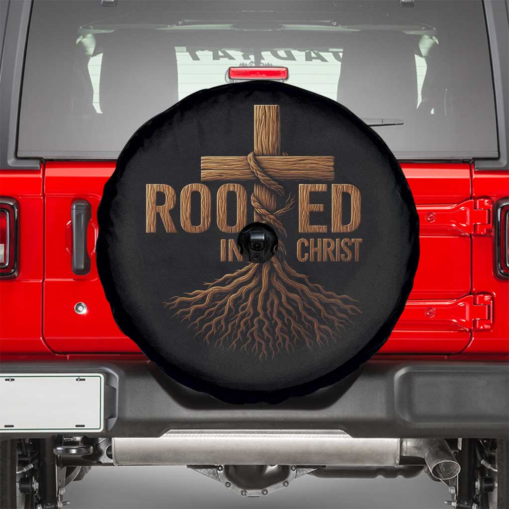 Rooted In Christ Spare Tire Cover Vintage Jesus Christian Cross Bible Verse - Wonder Print Shop