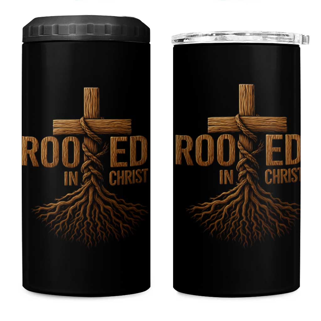 Rooted In Christ 4 in 1 Can Cooler Tumbler Vintage Jesus Christian Cross Bible Verse - Wonder Print Shop