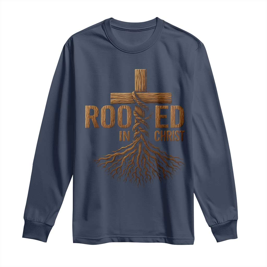 Rooted In Christ Long Sleeve Shirt Vintage Jesus Christian Cross Bible Verse - Wonder Print Shop