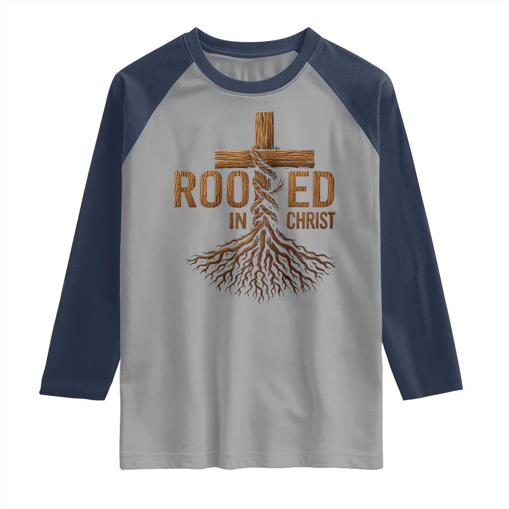 Rooted In Christ Raglan Shirt Vintage Jesus Christian Cross Bible Verse - Wonder Print Shop
