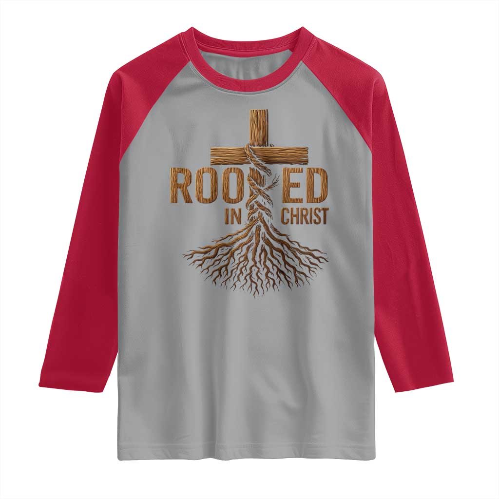 Rooted In Christ Raglan Shirt Vintage Jesus Christian Cross Bible Verse - Wonder Print Shop