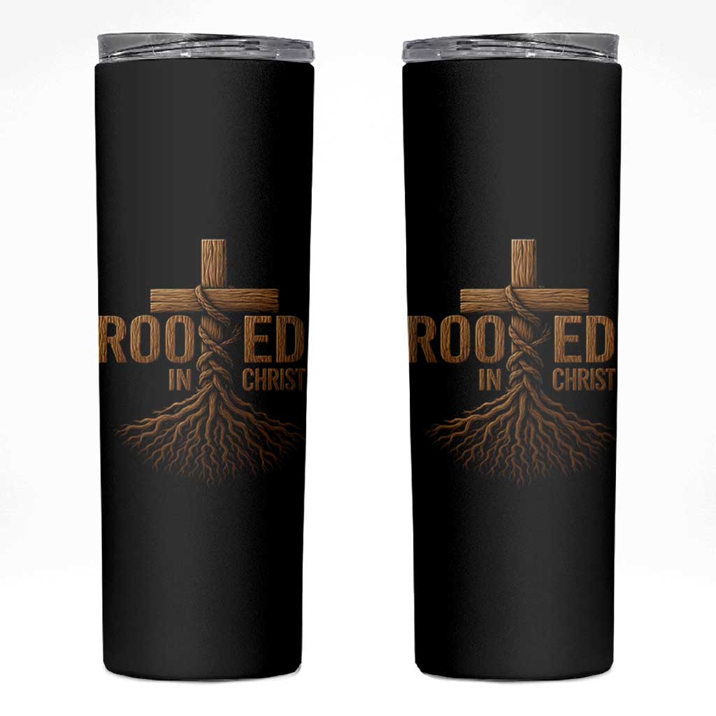 Rooted In Christ Skinny Tumbler Vintage Jesus Christian Cross Bible Verse - Wonder Print Shop