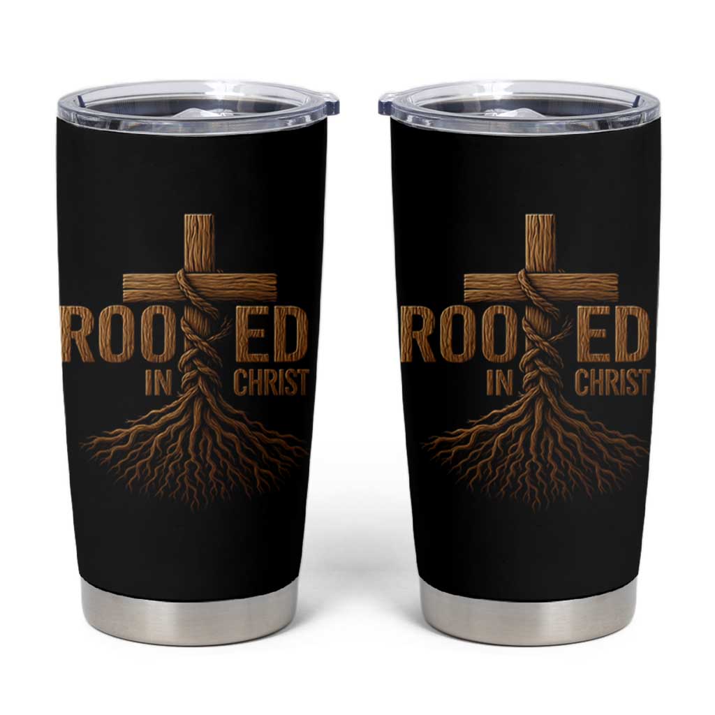 Rooted In Christ Tumbler Cup Vintage Jesus Christian Cross Bible Verse - Wonder Print Shop
