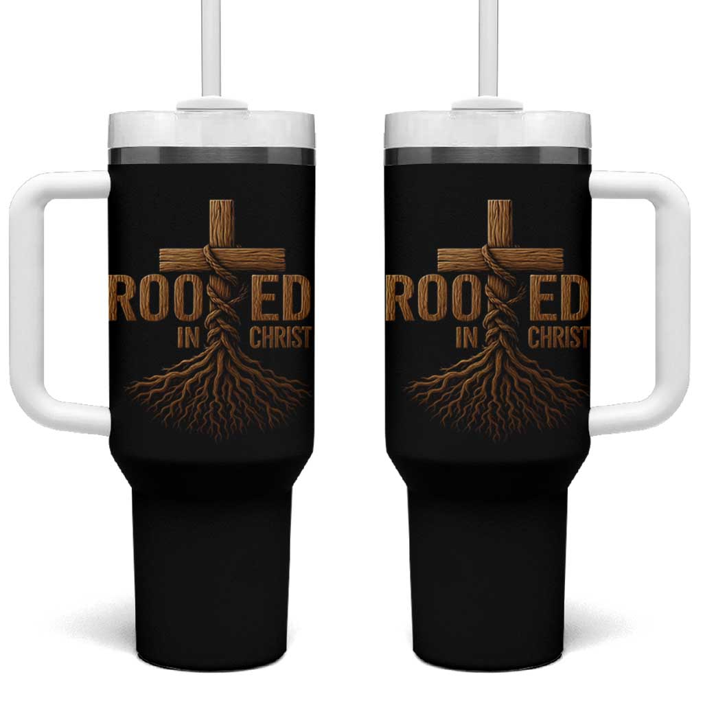 Rooted In Christ Tumbler With Handle Vintage Jesus Christian Cross Bible Verse - Wonder Print Shop